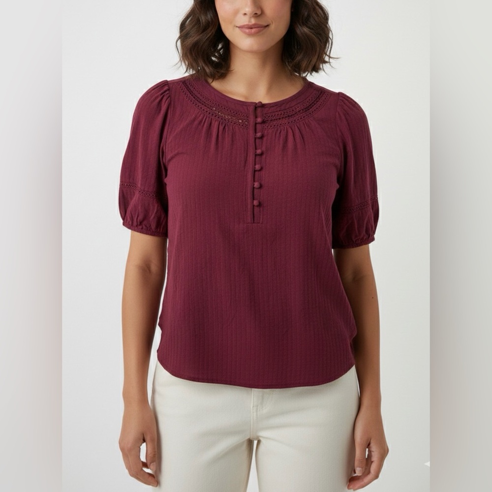 LOFT Deep Burgundy Button-Front Blouse